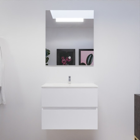 Meuble ROSALY 70 cm avec plan vasque en céramique et miroir Elegance Hauteur 80 cm - Blanc brillant