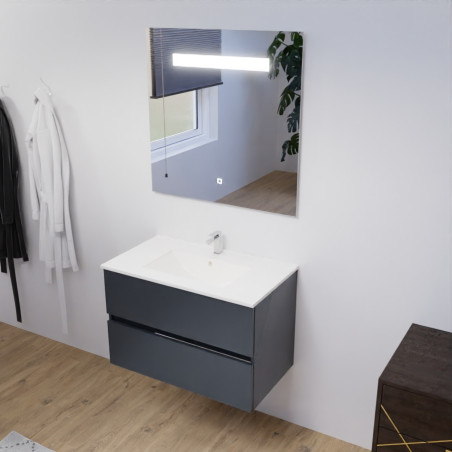 Meuble salle de bain 80 cm ROSALY avec plan vasque en céramique et miroir Elégance ht80  Gris anthracite