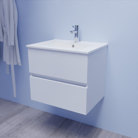 Meuble salle de bain suspendu ROSALY 60 cm avec plan vasque en céramique - Blanc brillant