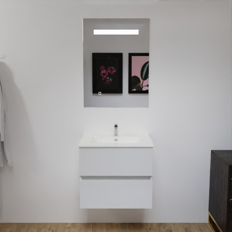 Meuble salle de bain 60 cm ROSALY blanc brillant avec plan vasque en céramique et miroir Elégance ht80 Meuble salle de bain 60 cm ROSALY blanc brillant avec plan vasque en céramique et miroir Elégance ht80