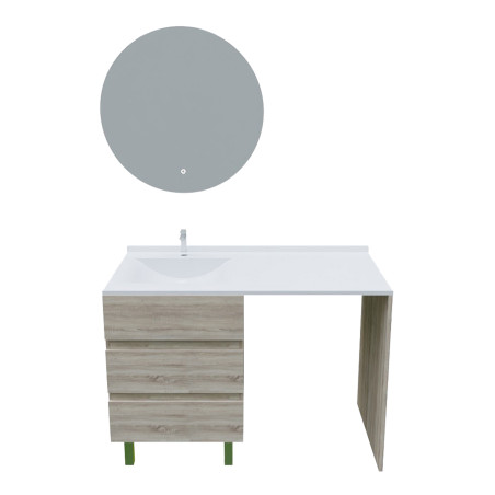 Meuble lave-linge KORA avec plan vasque déportée + Miroir rond Fazzio