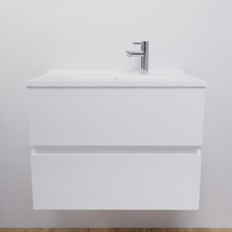 Meuble salle de bain suspendu 70 cm avec plan vasque en résine ROSALY - Blanc brillant