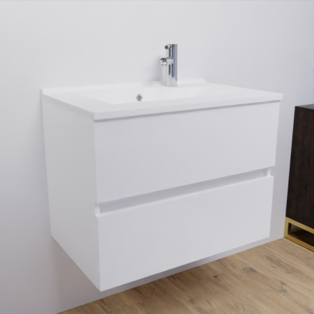 Meuble salle de bain suspendu 70 cm avec plan vasque en résine ROSALY - Blanc brillant