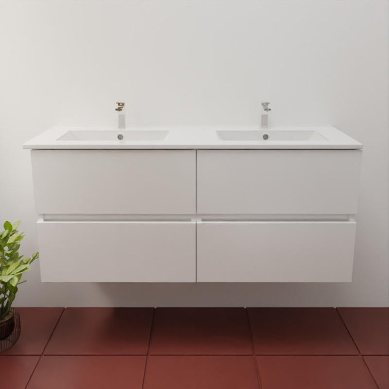 Meuble salle de bain suspendu 120 cm ROSINOX avec plan double vasque céramique - Blanc Meuble salle de bain suspendu 120 cm ROSINOX avec plan double vasque céramique - Blanc