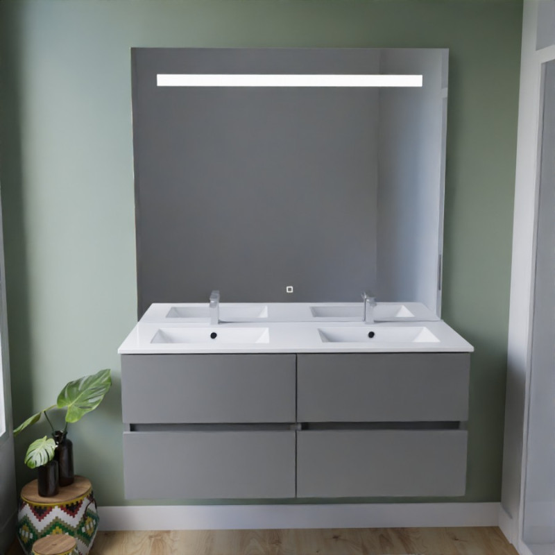 Meuble salle de bain 120 cm ROSINOX gris avec plan double vasque céramique et miroir Elégance Meuble salle de bain 120 cm ROSINOX gris avec plan double vasque céramique et miroir Elégance