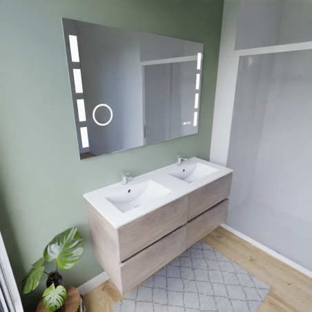 Meuble salle de bain 120 cm ROSINOX chêne avec plan double vasque céramique et miroir Excellence