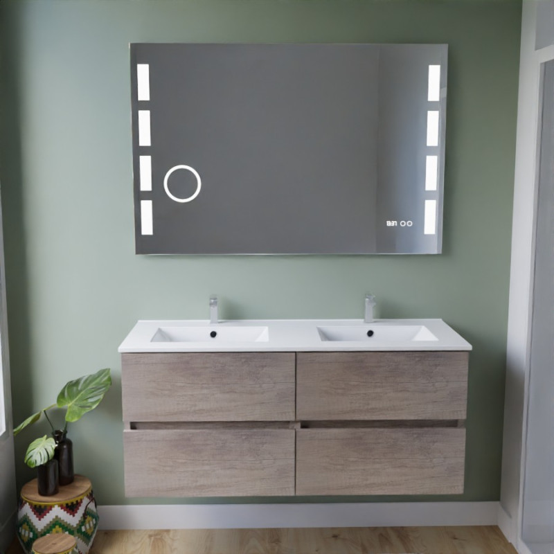 Meuble salle de bain 120 cm ROSINOX chêne avec plan double vasque céramique et miroir Excellence Meuble salle de bain 120 cm ROSINOX chêne avec plan double vasque céramique et miroir Excellence