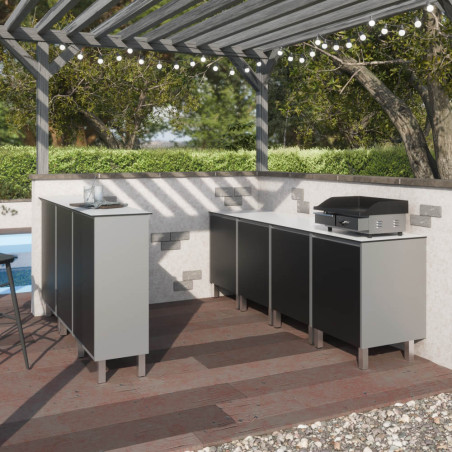 Cuisine d'extérieur en inox haut de gamme avec grand plan de travail pour emplacement plancha et bar comptoir KX05