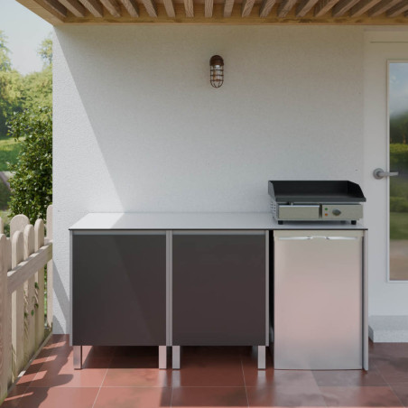 Cuisine d'extérieur en inox haut de gamme 180 cm avec plan de travail emplacement plancha et frigo KX07