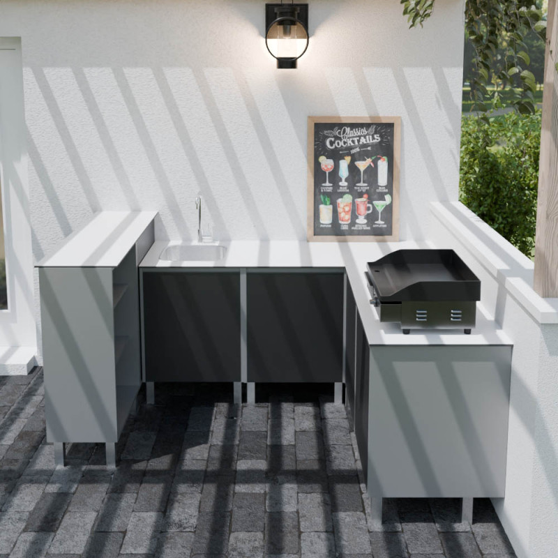 Cuisine d'été en angle avec évier, plan de travail pour plancha et bar comptoir KX15 Cuisine d'été en angle avec évier, plan de travail pour plancha et bar comptoir KX15