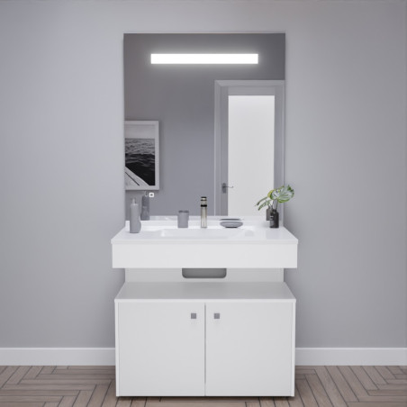 Meuble vasque EPURE 90 cm, miroir led Elégance ht105 et Mobiroul 90 cm - blanc brillant