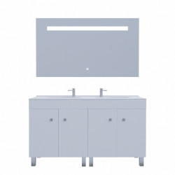 Meuble ECOLINE 140 cm avec plan vasque résine et miroir Elégance ht80- Blanc brillant