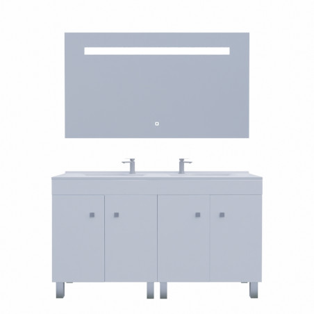 Meuble ECOLINE 140 cm avec plan vasque résine et miroir Elégance ht80- Blanc brillant