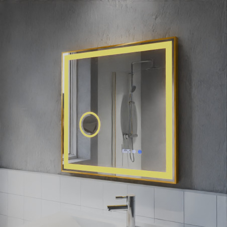 Miroir avec éclairage LED variable CARA - 70 cm x 70 cm - Lumière chaude -Cadre cuivré