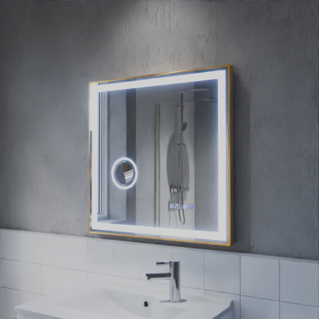 Miroir avec éclairage LED variable CARA - 70 cm x 70 cm - Lumière froide -Cadre cuivré