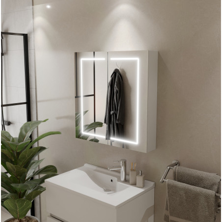 Armoire de toilette BOXLED - 70 cm avec portes miroir, éclairage LED intégré et prise 220 V à l'intérieur - Créazur FRANCE