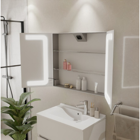 Armoire de toilette BOXLED - 80 cm avec portes miroir, éclairage LED intégré et prise 220 V à l'intérieur - Créazur FRANCE