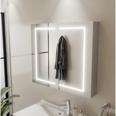 Armoire de toilette BOXLED - 80 cm avec portes miroir, éclairage LED intégré et prise 220 V à l'intérieur - Créazur FRANCE