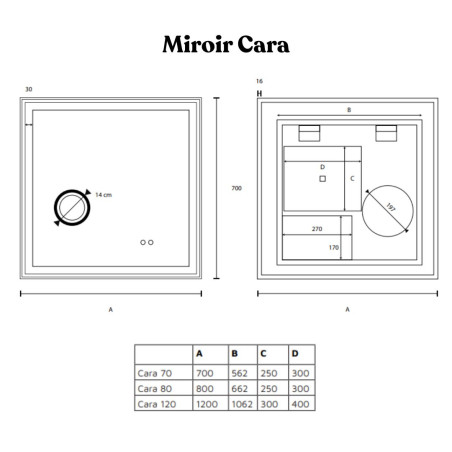 Miroir avec éclairage LED variable CARA - 70 cm x 70 cm - Cadre cuivré