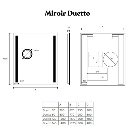 Miroir avec éclairage LED variable DUETTO - 140 cm x 70 cm 