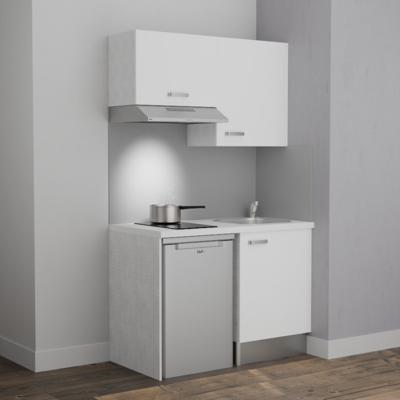 Kitchenette K01L-PT 120 cm avec plan de travail blanc, évier inox, façades de meuble coloris blanc Kitchenette K01L-PT 120 cm avec plan de travail blanc, évier inox, façades de meuble coloris blanc