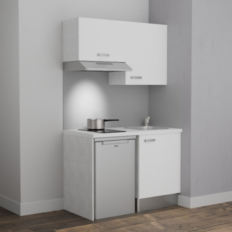 Kitchenette K01L-PT 120 cm avec plan de travail blanc, évier inox, façades de meuble coloris blanc