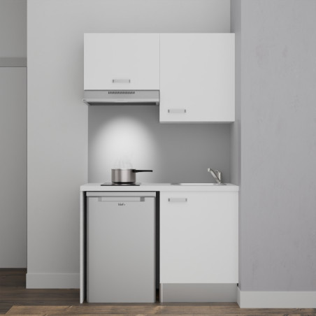 Kitchenette K01L-PT 120 cm avec plan de travail blanc, évier inox, façades de meuble coloris blanc