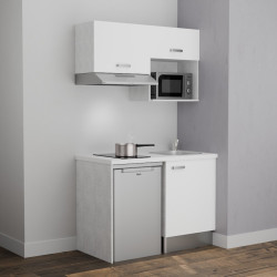 Kitchenette 120 cm K02L-PT meubles bas et hauts façades coloris blanc, plan de travail blanc et évier inox