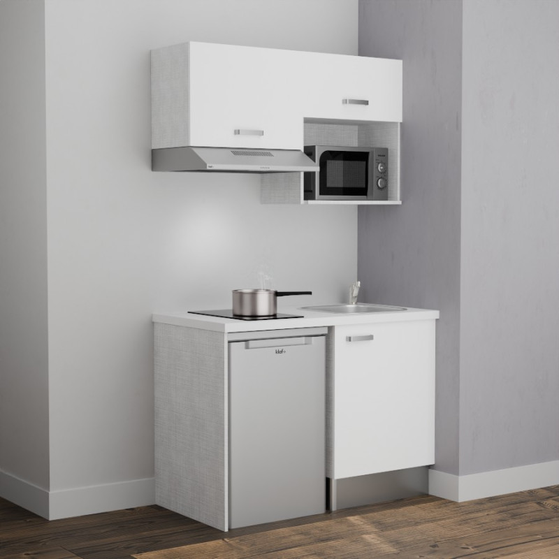 Kitchenette 120 cm K02L-PT meubles bas et hauts façades coloris blanc, plan de travail blanc et évier inox Kitchenette 120 cm K02L-PT meubles bas et hauts façades coloris blanc, plan de travail blanc et évier inox