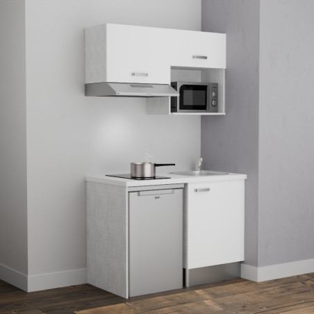 Kitchenette 120 cm K02L-PT meubles bas et hauts façades coloris blanc, plan de travail blanc et évier inox