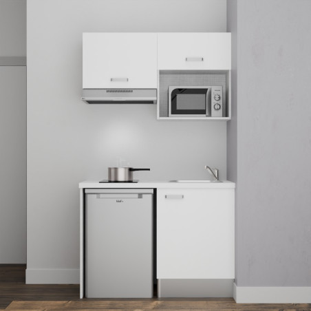Kitchenette 120 cm K02L-PT meubles bas et hauts façades coloris blanc, plan de travail blanc et évier inox