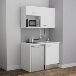 Kitchenette 120 cm modèle K07L-PT avec meubles bas et hauts façades blanches, plan de travail blanc, évier inox 
