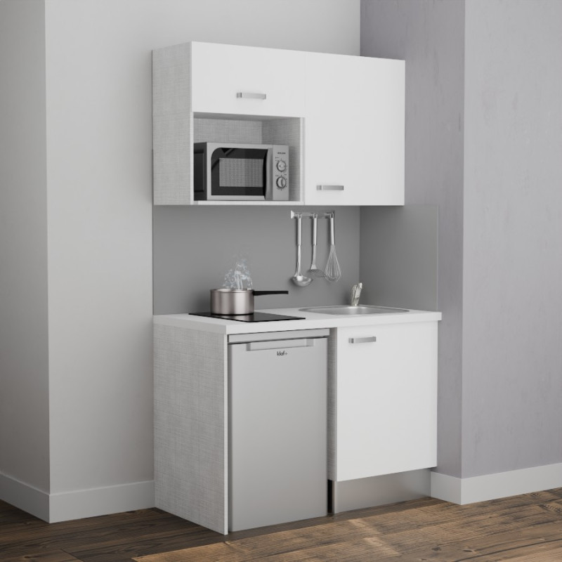 Kitchenette 120 cm modèle K07L-PT avec meubles bas et hauts façades blanches, plan de travail blanc, évier inox Kitchenette 120 cm modèle K07L-PT avec meubles bas et hauts façades blanches, plan de travail blanc, évier inox