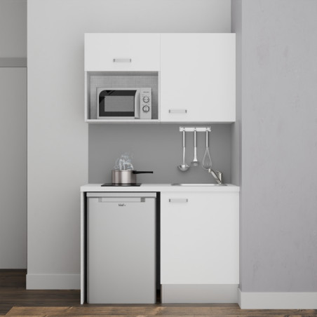 Kitchenette 120 cm modèle K07L-PT avec meubles bas et hauts façades blanches, plan de travail blanc, évier inox 