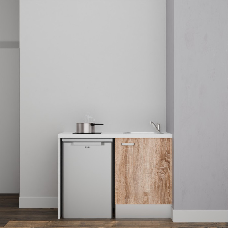 Kitchenette K08L-PT - 120 cm avec plan de travail blanc et évier en inox à encastrer et façade en bois - emplacement frigo Kitchenette K08L-PT - 120 cm avec plan de travail blanc et évier en inox à encastrer et façade en bois - emplacement frigo