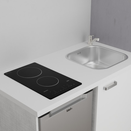 Kitchenette K02L-PT façades blanches - 120 cm avec plan de travail blanc et évier en inox à encastrer et emplacements frigo, hot