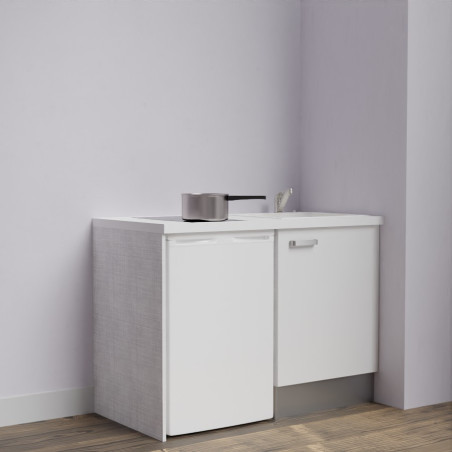 Kitchenette K08-PT - 120 cm avec plan de travail blanc et évier blanc - emplacement frigo - meuble blanc mat