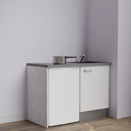 Kitchenette K08-PT - 120 cm avec plan de travail gris et évier noir - emplacement frigo - meuble blanc mat