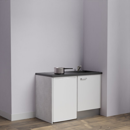 Kitchenette K08-PT - 120 cm avec plan de travail noir et évier noir - emplacement frigo - meuble blanc mat