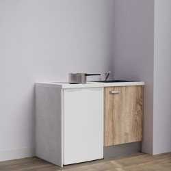 Kitchenette K08-PT - 120 cm avec plan de travail blanc et évier noir - emplacement frigo - meuble coloris bois