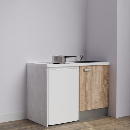 Kitchenette K08-PT - 120 cm avec plan de travail blanc et évier noir - emplacement frigo - meuble coloris bois