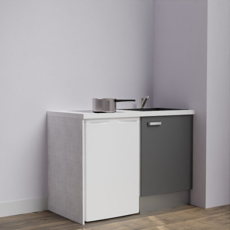 Kitchenette K08-PT - 120 cm avec plan de travail blanc et évier noir - emplacement frigo - meuble coloris gris