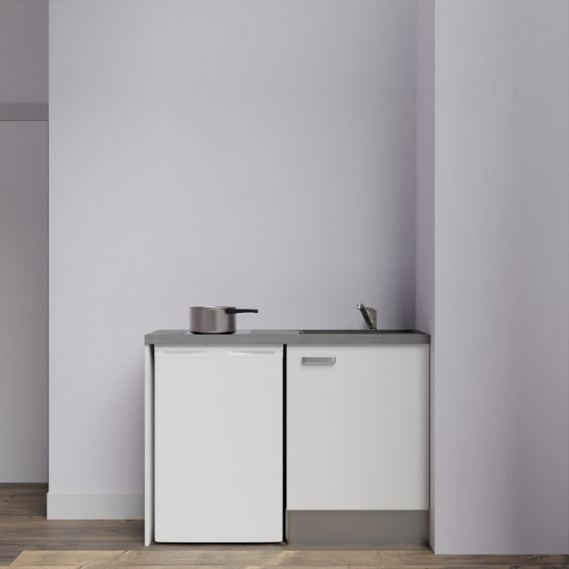 Kitchenette K08-PT - 120 cm avec plan de travail gris et évier noir - emplacement frigo - meuble blanc mat Kitchenette K08-PT - 120 cm avec plan de travail gris et évier noir - emplacement frigo - meuble blanc mat