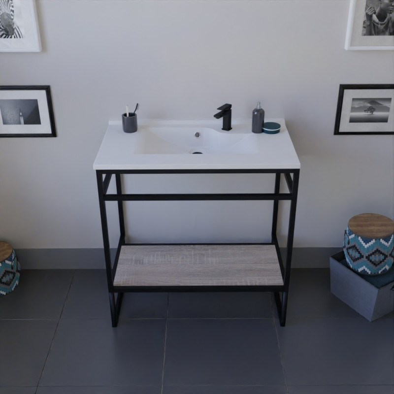 Meuble salle de bain STRUCTURA 80 cm structure inox noire, étagère coloris bois, plan vasque en résine Meuble salle de bain STRUCTURA 80 cm structure inox noire, étagère coloris bois, plan vasque en résine