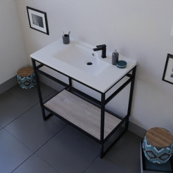 Meuble salle de bain STRUCTURA 80 cm structure inox noire, étagère coloris bois, plan vasque en résine