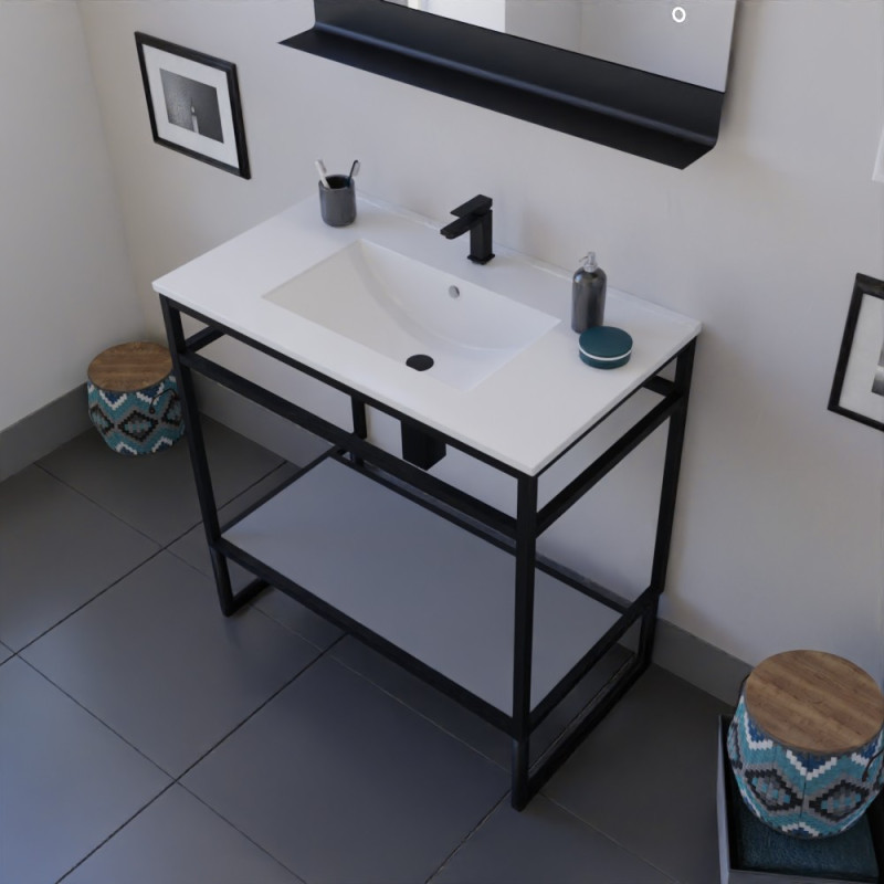 Meuble salle de bain STRUCTURA 80 cm structure inox noire, étagère grise, plan vasque en céramique Meuble salle de bain STRUCTURA 80 cm structure inox noire, étagère grise, plan vasque en céramique
