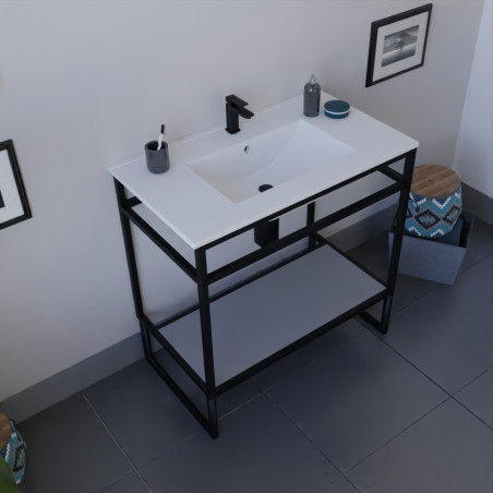 Meuble salle de bain STRUCTURA 80 cm structure inox noire, étagère grise, plan vasque en céramique