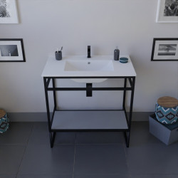 Meuble salle de bain STRUCTURA 80 cm structure inox noire, étagère grise, plan vasque en céramique