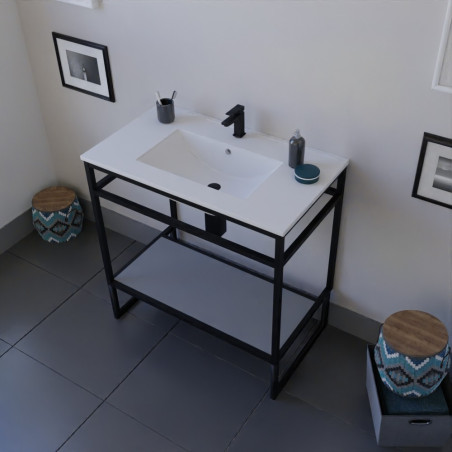 Meuble salle de bain STRUCTURA 80 cm structure inox noire, étagère grise, plan vasque en céramique