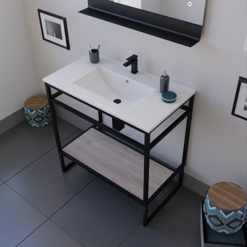 Meuble salle de bain STRUCTURA 80 cm structure inox noire, étagère coloris bois, plan vasque en céramique Meuble salle de bain STRUCTURA 80 cm structure inox noire, étagère coloris bois, plan vasque en céramique